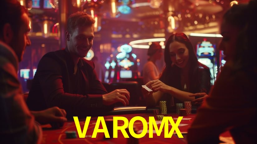 Una escena digital vívida inspirada en casino con VAROMX mostrado prominentemente, luces brillantes, fichas, cartas y acentos dorados.